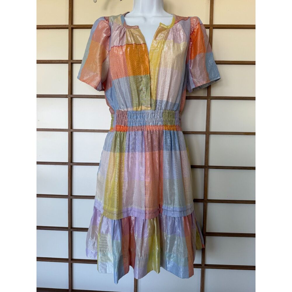 Anthropologie Somerset Metallic Pastel Plaid Smocked Mini Dress Size S